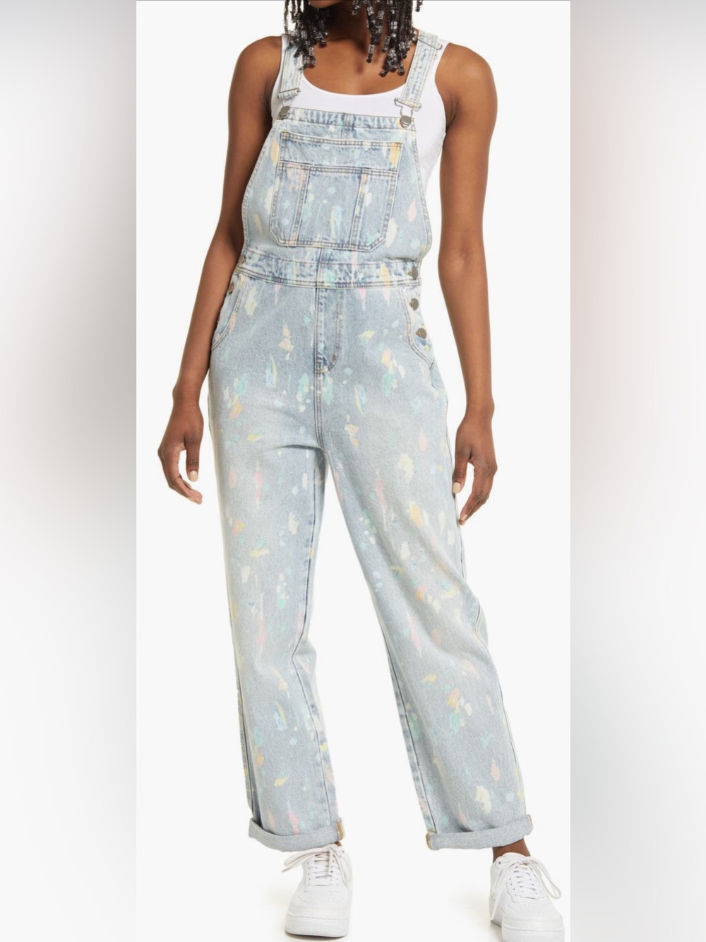 Nordstrom Light Blue Denim Overalls with Pastel Paint-Splatter